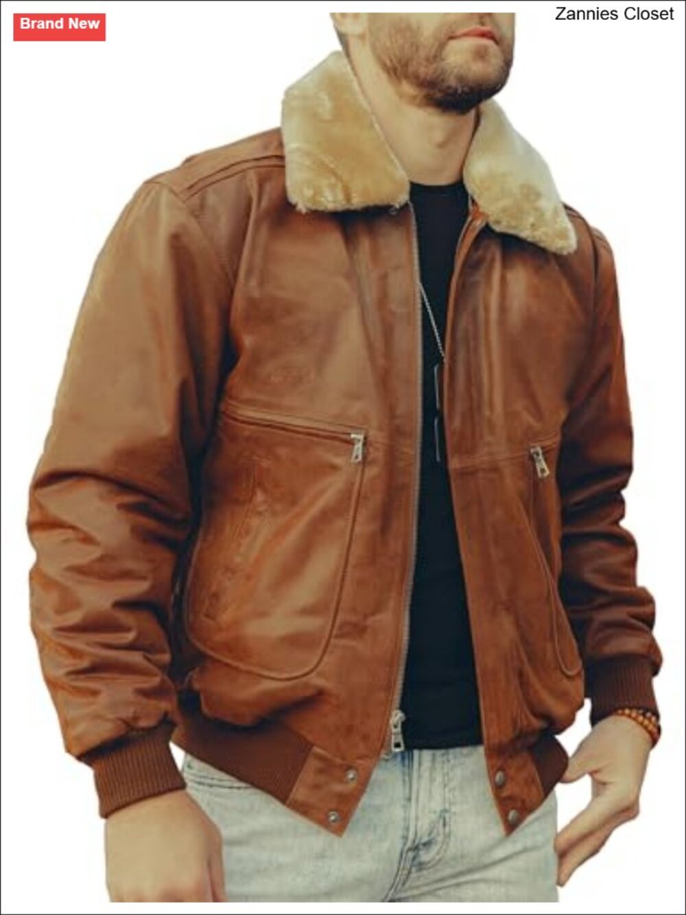 Men's Genuine Leather Bomber Jacket Aviator Coat Removable Fur Collar